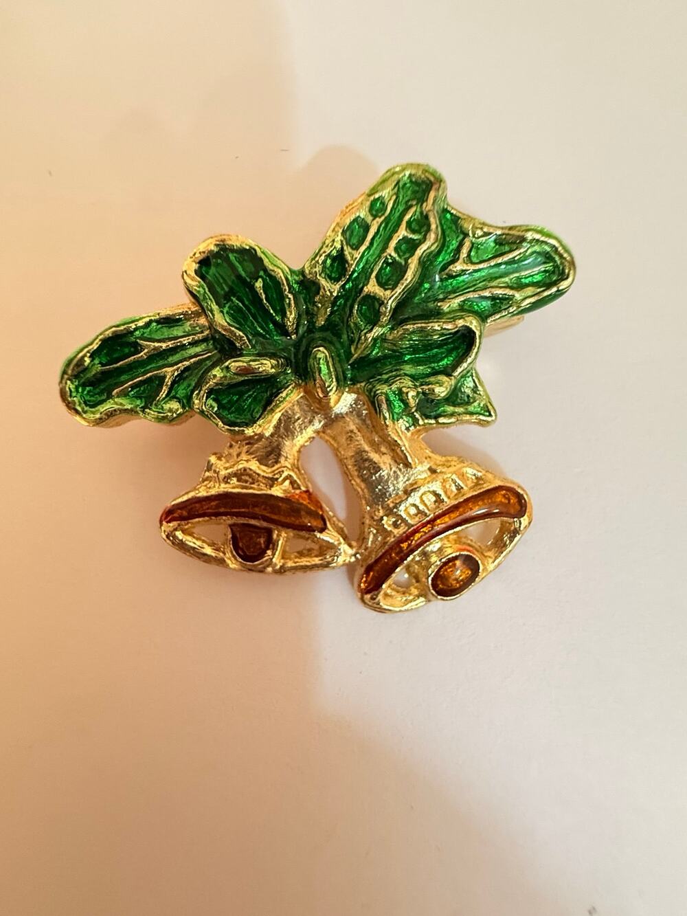 Vintage Gold Tone Green Enamel Christmas Bells Brooch